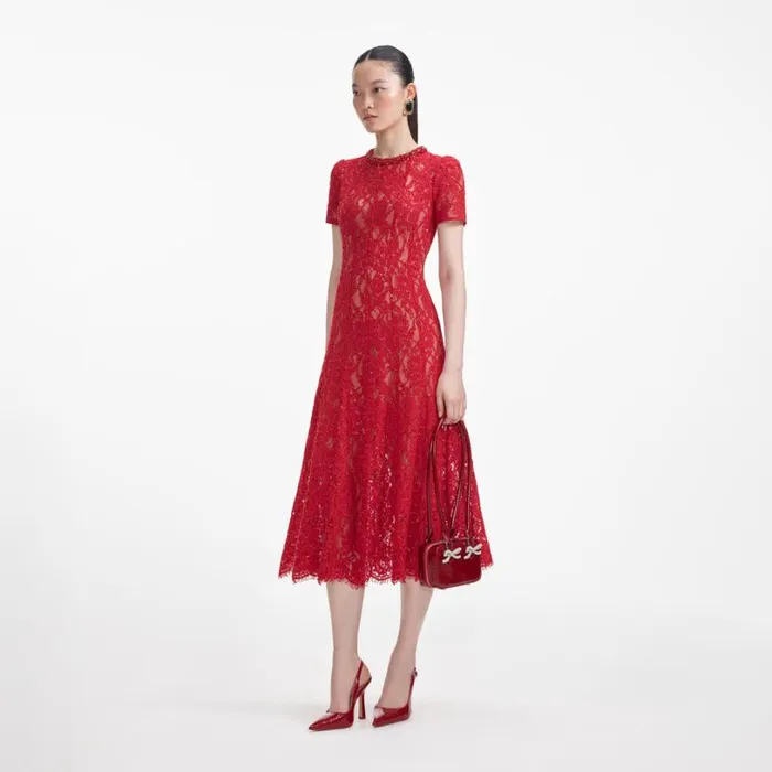Red Sequin Lace Midi Dress Women Self Portrait Dresses