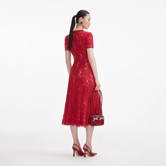 Red Sequin Lace Midi Dress Women Self Portrait Dresses