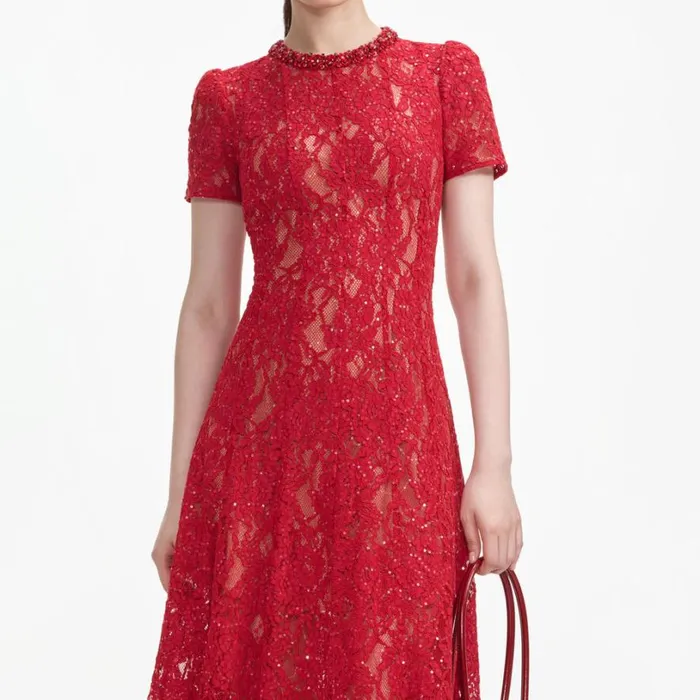 Red Sequin Lace Midi Dress Women Self Portrait Dresses
