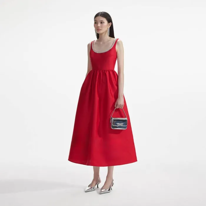 Red Taffeta Diamante Midi Dress Women Self Portrait Dresses