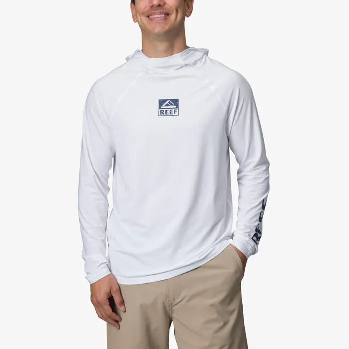 Reef Wellie Long Sleeve Hooded Surf Shirt Upf 50 Bright White Men Surf Shirts and Upf Apparel