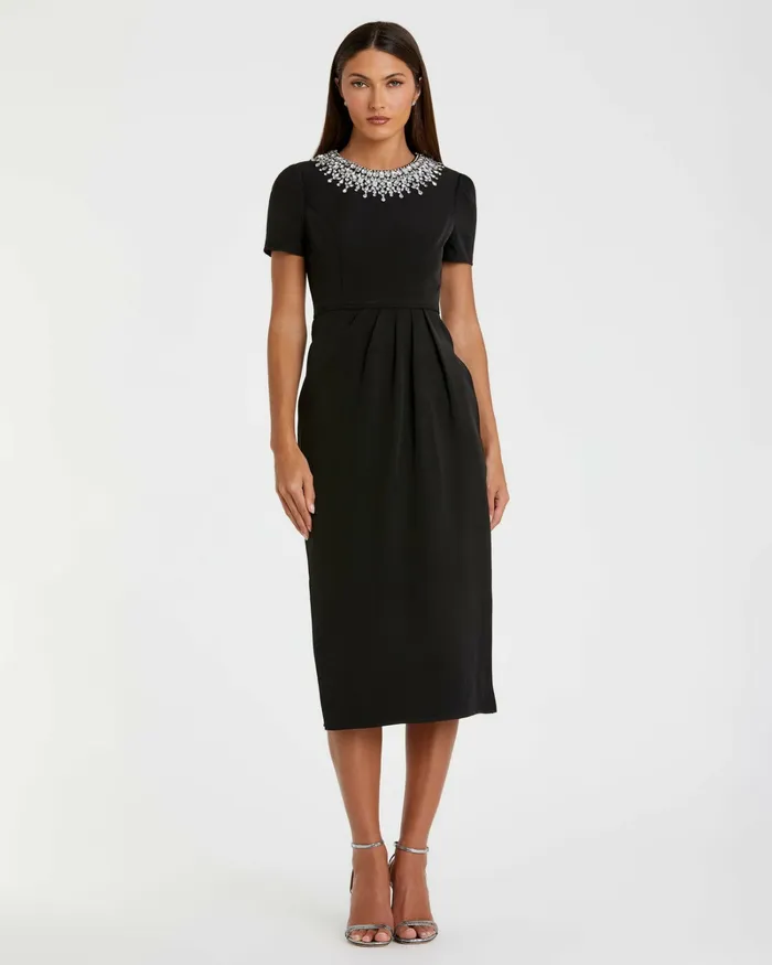 Rhinestone Neckline Column Dress Black Daytime Dresses Mac Duggal Women