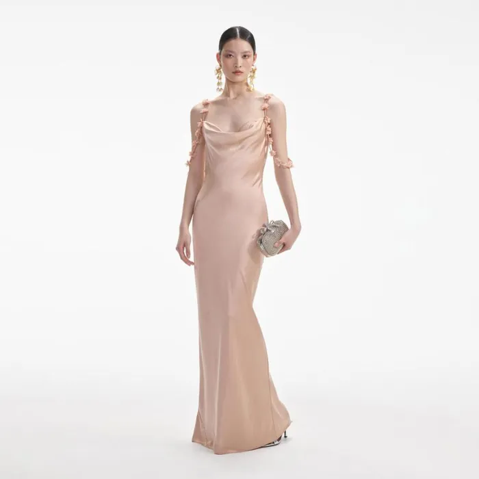 Rose Gold Satin Flower Maxi Dress Women Self Portrait Dresses