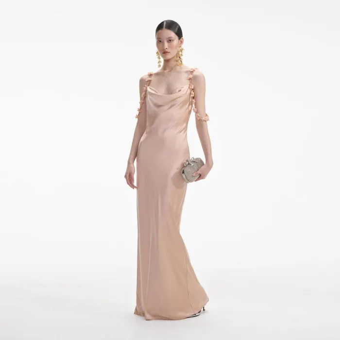 Rose Gold Satin Flower Maxi Dress Women Self Portrait Dresses Rose Gold Satin Flower Maxi Dress Women Self Portrait Dresses