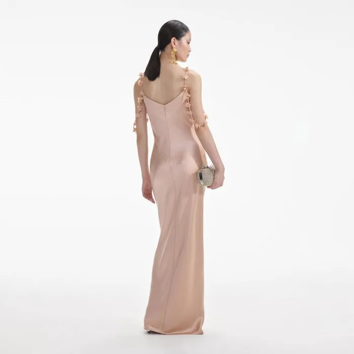 Rose Gold Satin Flower Maxi Dress Women Self Portrait Dresses Rose Gold Satin Flower Maxi Dress Women Self Portrait Dresses
