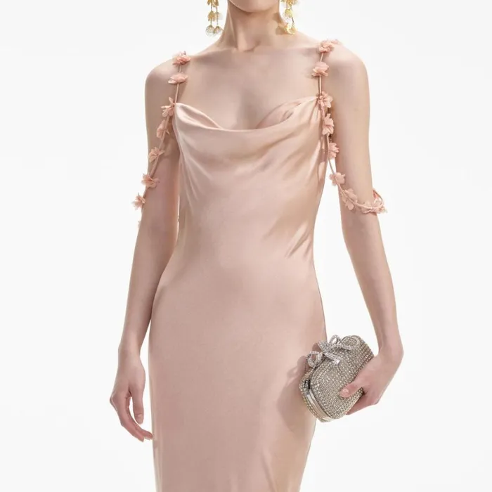 Rose Gold Satin Flower Maxi Dress Women Self Portrait Dresses Rose Gold Satin Flower Maxi Dress Women Self Portrait Dresses