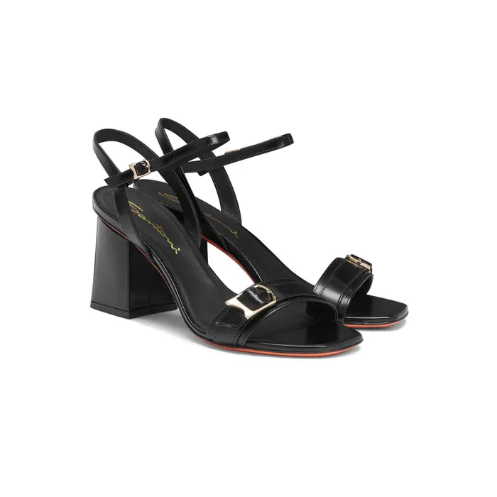 Santoni Black Leather MidHeel Sandal Women Sandals