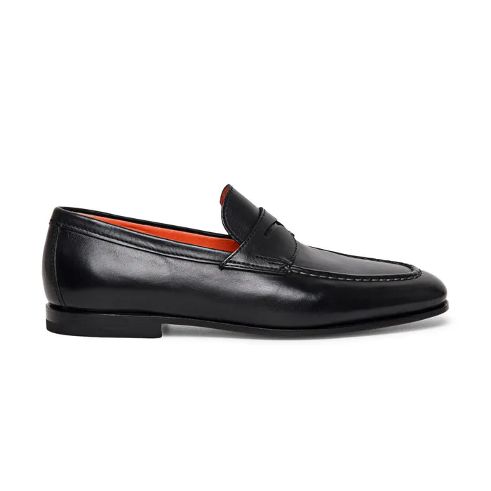 Santoni Black Leather Penny Loafer Men Loafers
