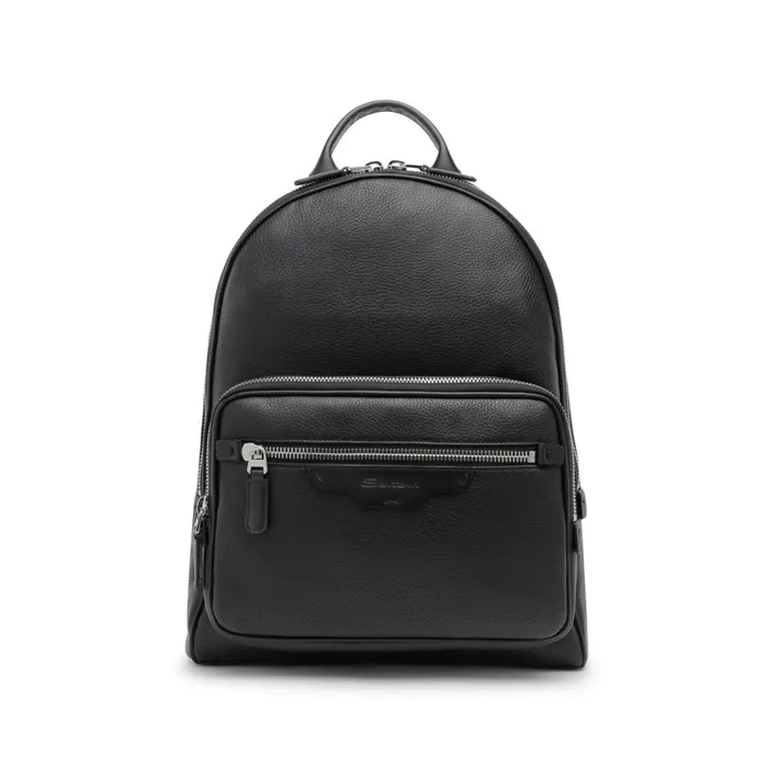 Santoni Black Tumbled Leather Backpack Men Bags and Backpacks