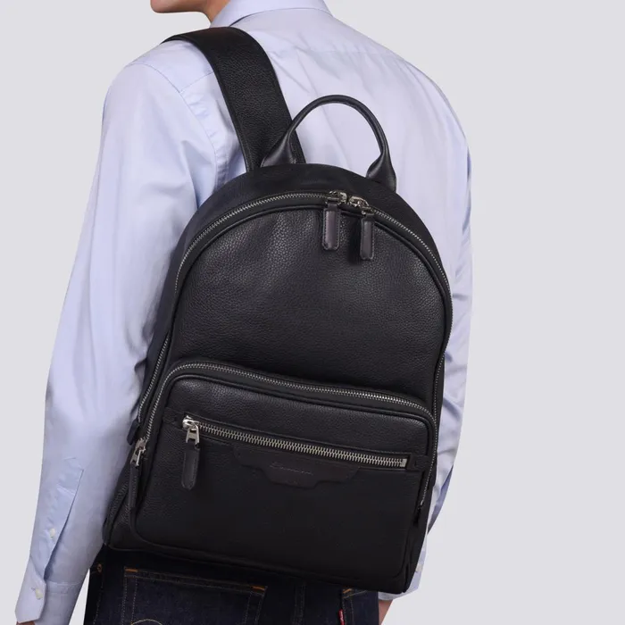 Santoni Black Tumbled Leather Backpack Men Bags and Backpacks