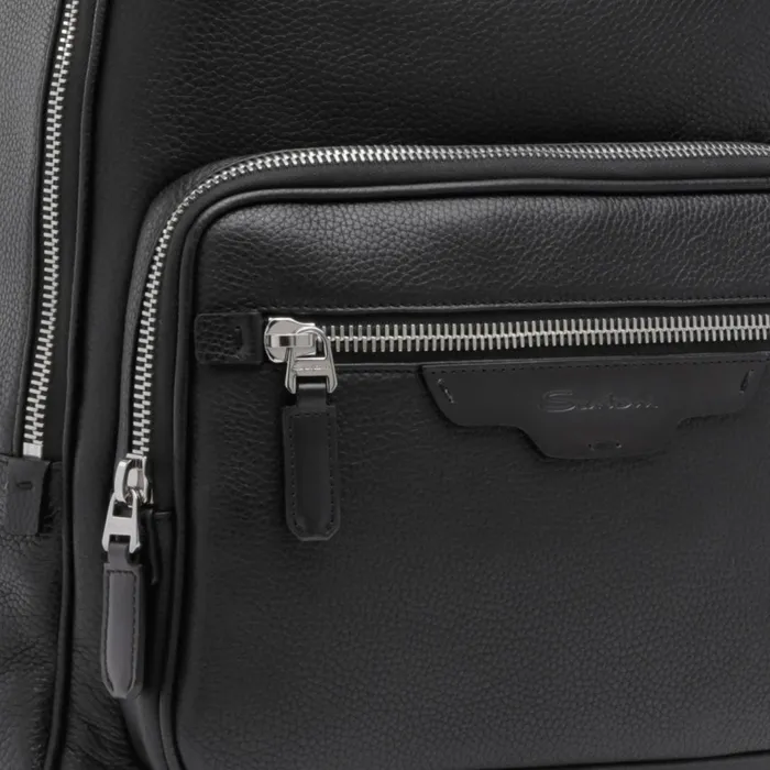 Santoni Black Tumbled Leather Backpack Men Bags and Backpacks