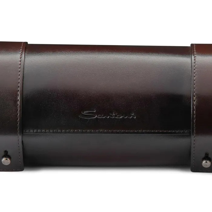 Santoni Brown Leather Big Watch Case Men Small Leather Goods
