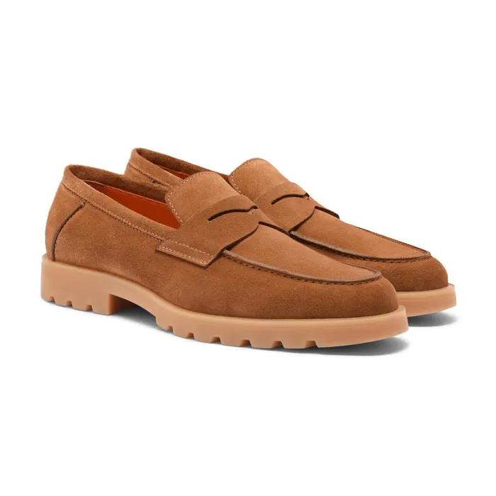Santoni Light Brown Suede Penny Loafer Men Loafers