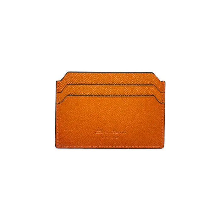 Santoni Orange Saffiano Leather Credit Card Holder MenWomen Small Leather Goods