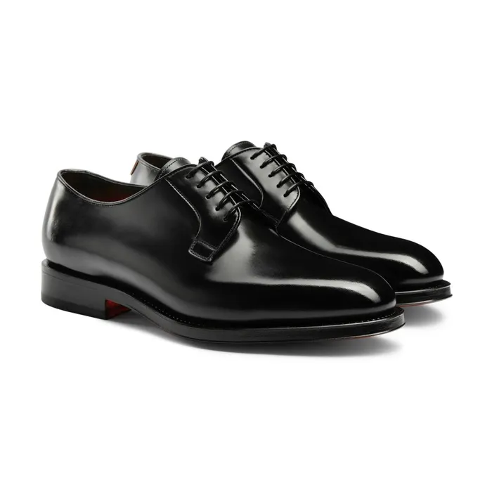 Santoni Polished Black Leather Derby Shoe Men LaceUps