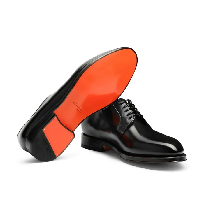 Santoni Polished Black Leather Derby Shoe Men LaceUps