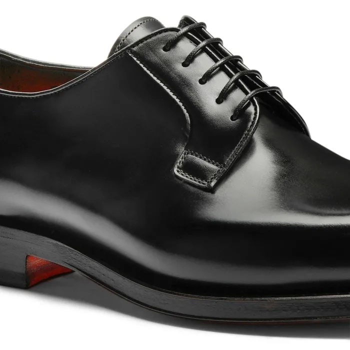 Santoni Polished Black Leather Derby Shoe Men LaceUps