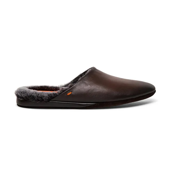 Santoni Polished Brown Leather Slipper Men Slippers