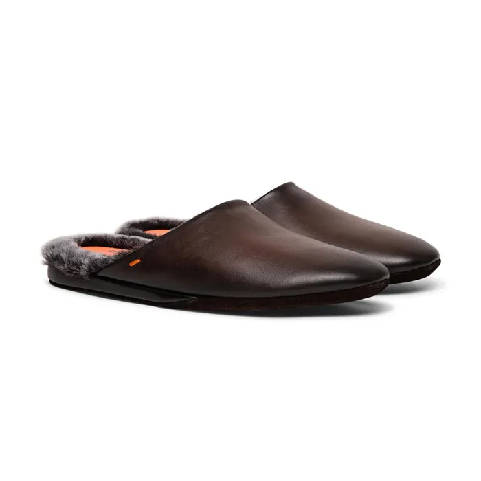 Santoni Polished Brown Leather Slipper Men Slippers