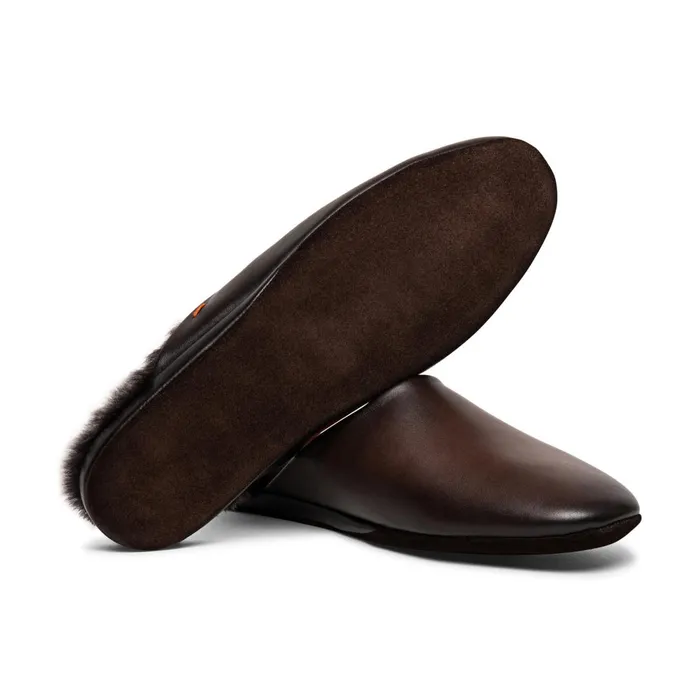 Santoni Polished Brown Leather Slipper Men Slippers