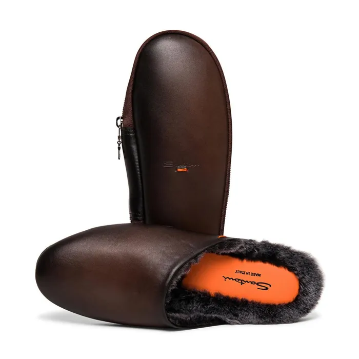 Santoni Polished Brown Leather Slipper Men Slippers
