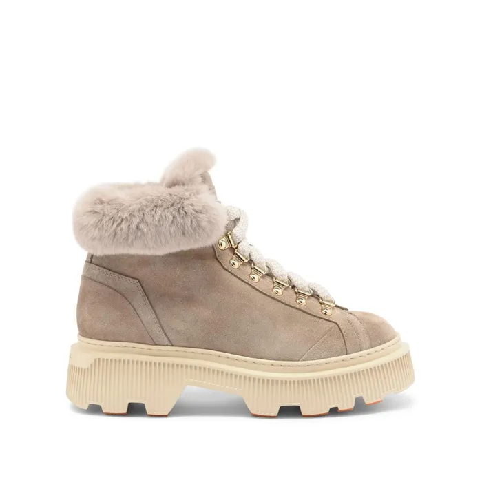 Santoni Taupe Suede Hiking Boot With Fur Women Boots and Ankle Boots
