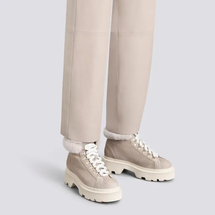 Santoni Taupe Suede Hiking Boot With Fur Women Boots and Ankle Boots