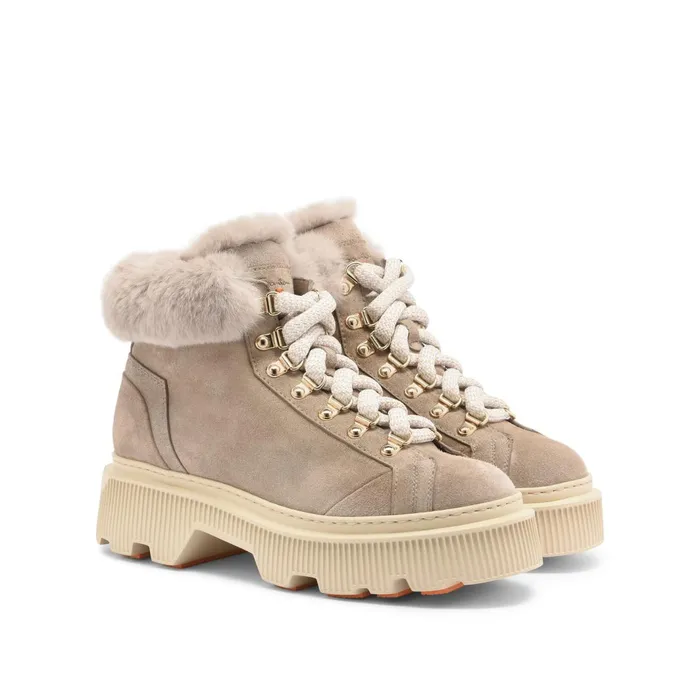 Santoni Taupe Suede Hiking Boot With Fur Women Boots and Ankle Boots