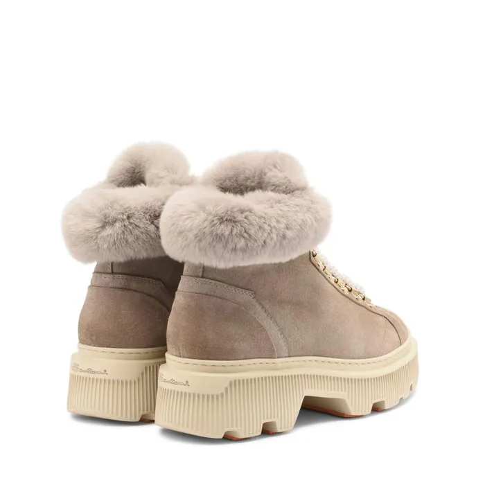 Santoni Taupe Suede Hiking Boot With Fur Women Boots and Ankle Boots
