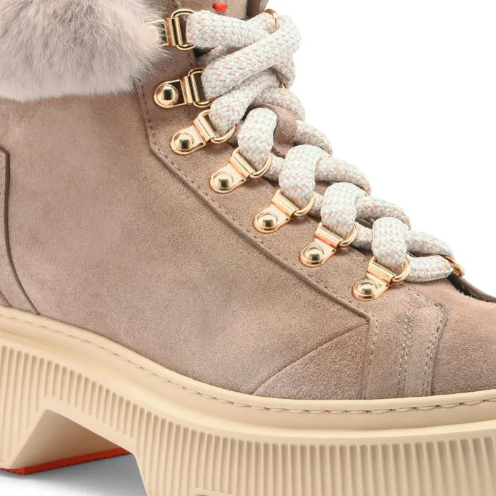 Santoni Taupe Suede Hiking Boot With Fur Women Boots and Ankle Boots