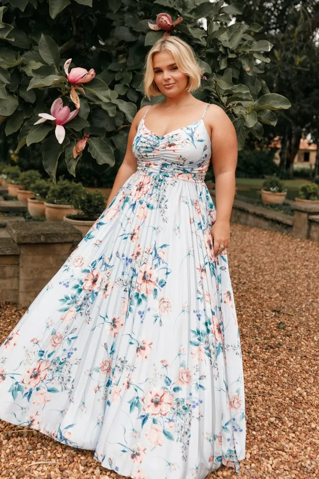 Satin Dresses Women Petal and Pup Naira Pleated Maxi Dress Blue Floral