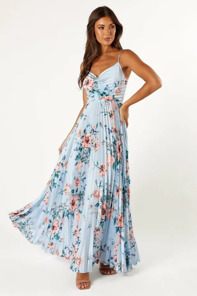 Satin Dresses Women Petal and Pup Naira Pleated Maxi Dress Blue Floral