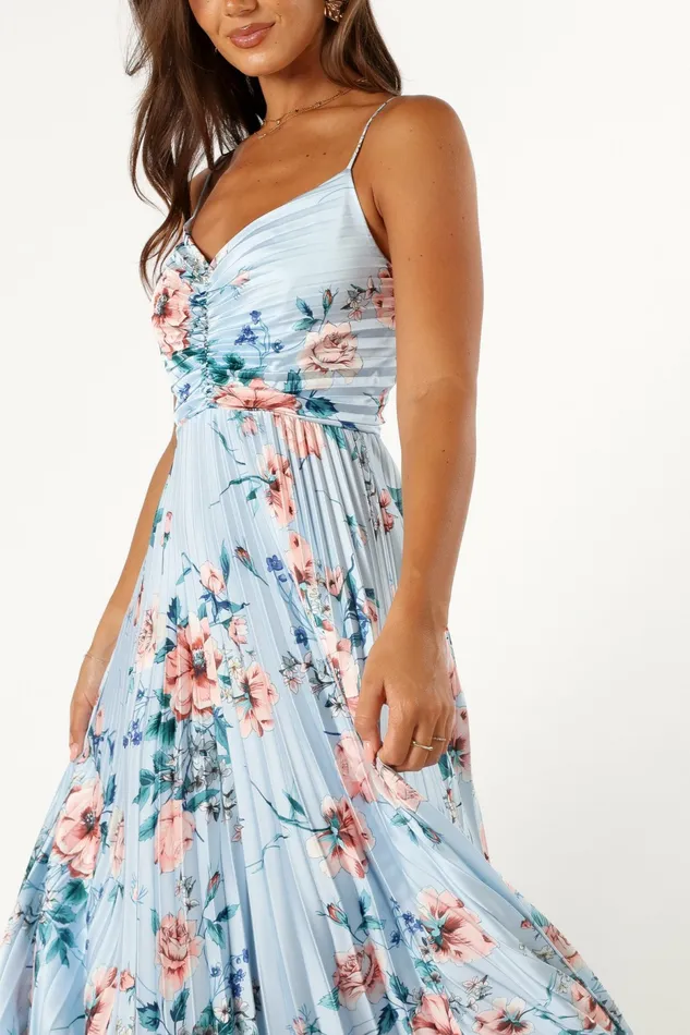 Satin Dresses Women Petal and Pup Naira Pleated Maxi Dress Blue Floral