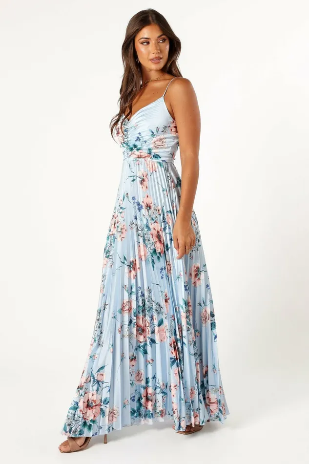 Satin Dresses Women Petal and Pup Naira Pleated Maxi Dress Blue Floral