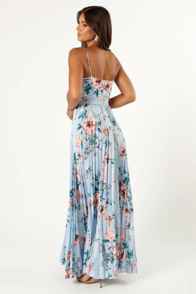 Satin Dresses Women Petal and Pup Naira Pleated Maxi Dress Blue Floral