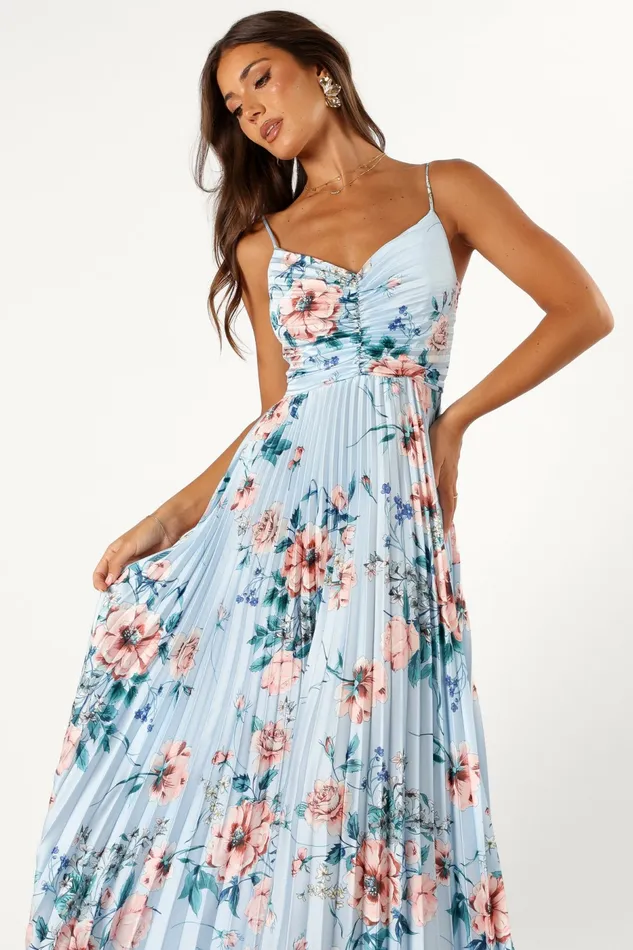 Satin Dresses Women Petal and Pup Naira Pleated Maxi Dress Blue Floral