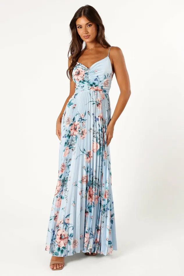 Satin Dresses Women Petal and Pup Naira Pleated Maxi Dress Blue Floral
