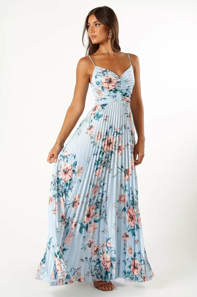 Satin Dresses Women Petal and Pup Naira Pleated Maxi Dress Blue Floral