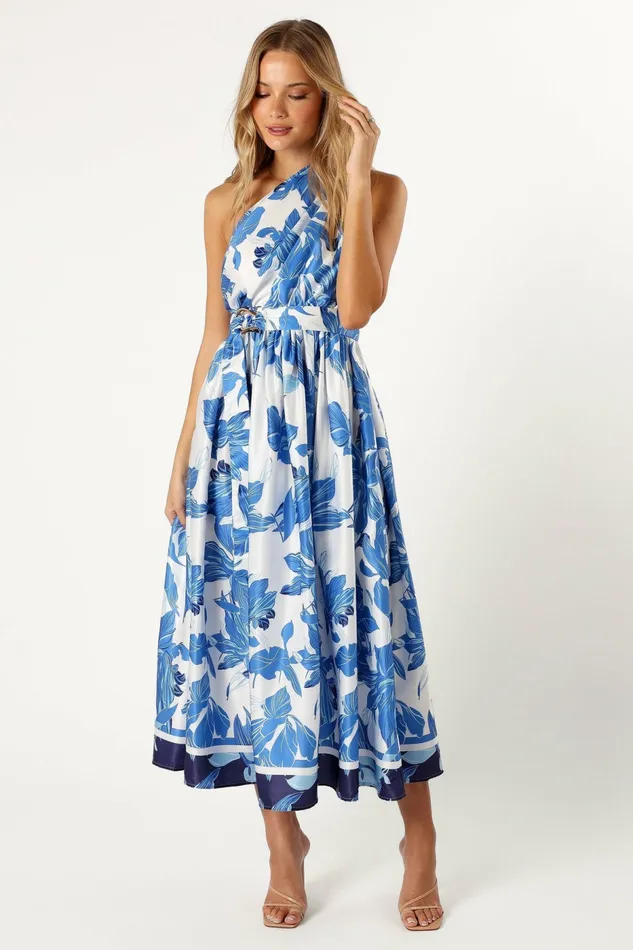 Satin Dresses Women Petal and Pup Naomi One Shoulder Midi Dress Blue Floral