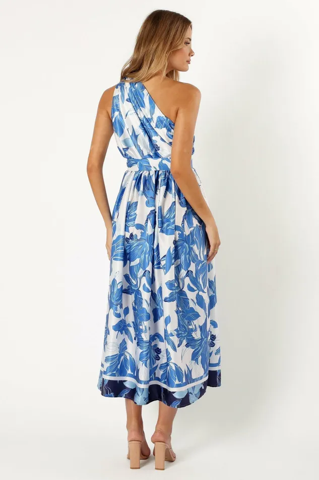 Satin Dresses Women Petal and Pup Naomi One Shoulder Midi Dress Blue Floral