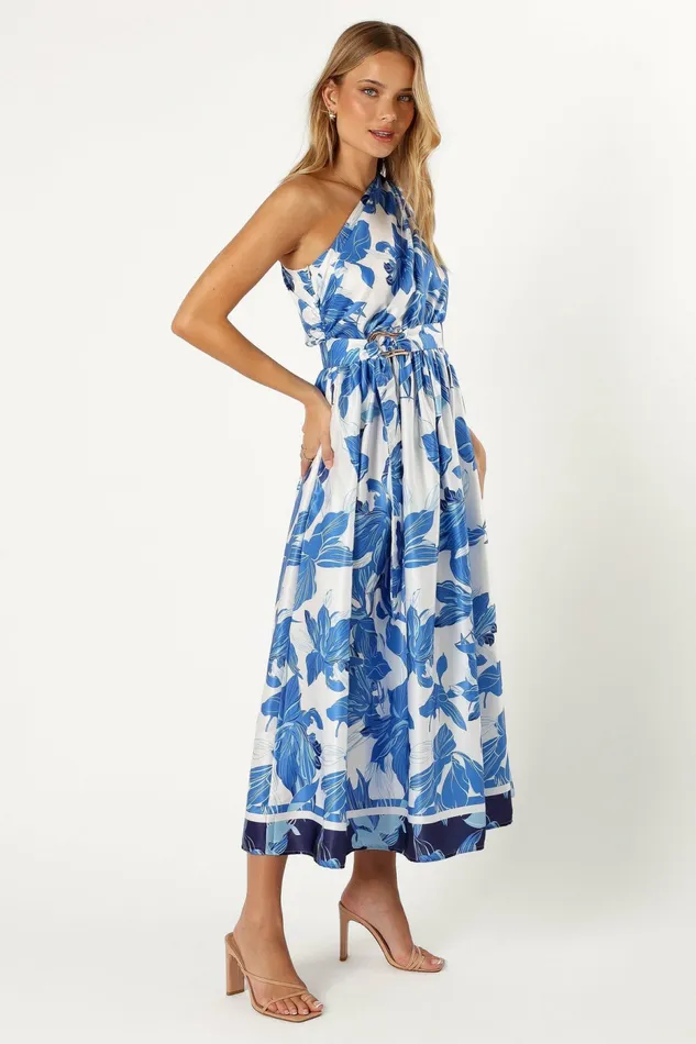 Satin Dresses Women Petal and Pup Naomi One Shoulder Midi Dress Blue Floral