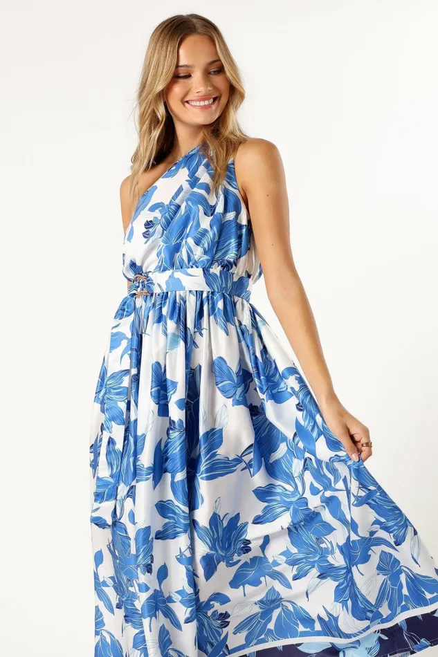 Satin Dresses Women Petal and Pup Naomi One Shoulder Midi Dress Blue Floral