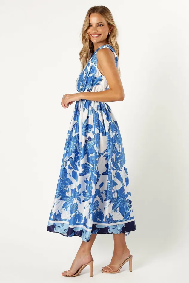 Satin Dresses Women Petal and Pup Naomi One Shoulder Midi Dress Blue Floral