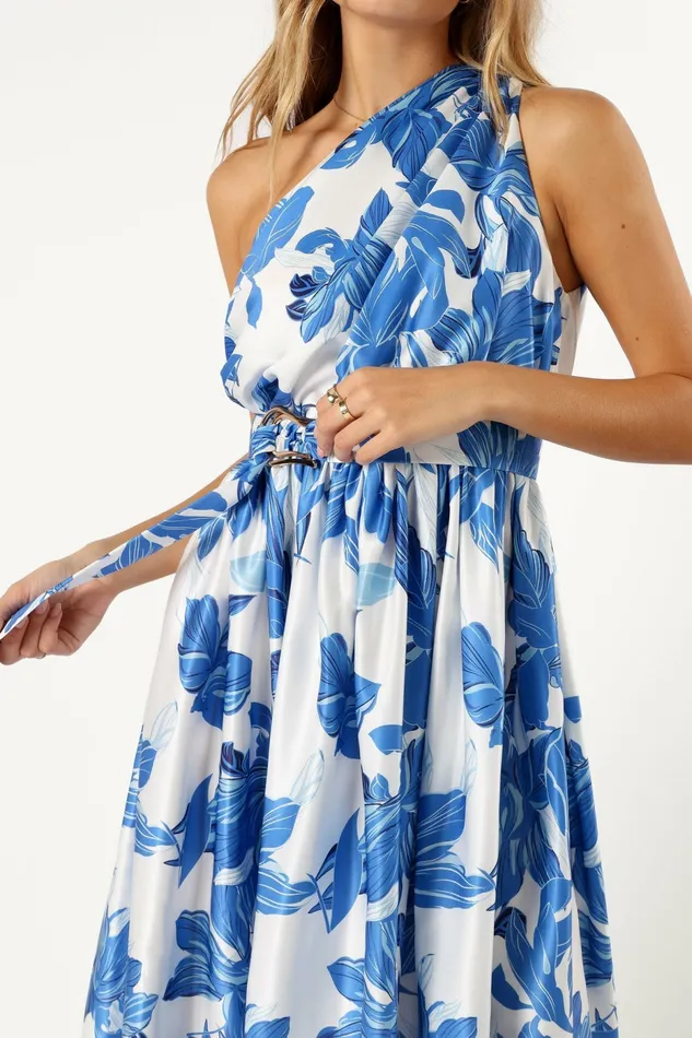 Satin Dresses Women Petal and Pup Naomi One Shoulder Midi Dress Blue Floral