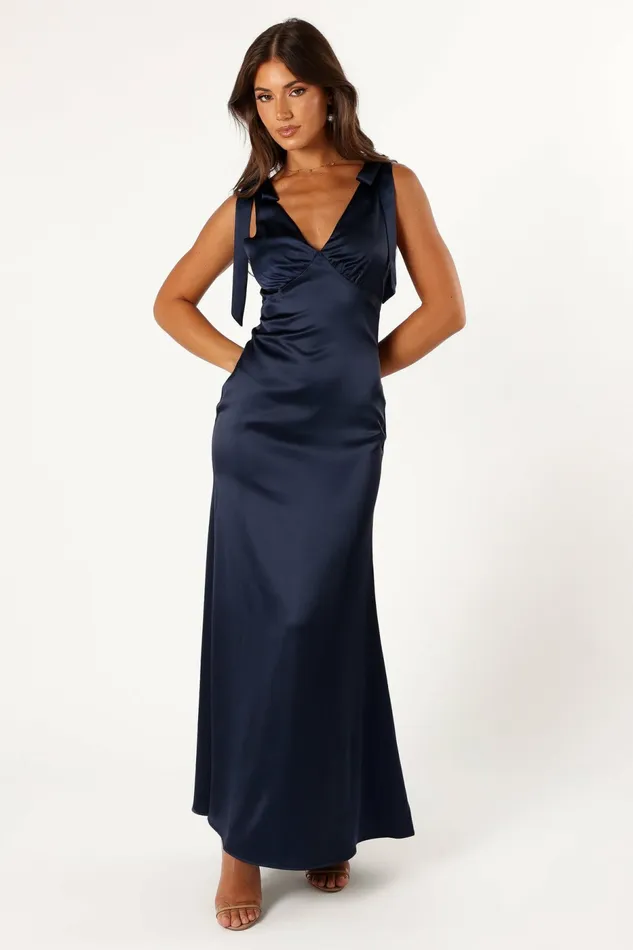 Satin Dresses Xavier Bow Shoulder Maxi Dress Navy 8211 Petal and Pup Women