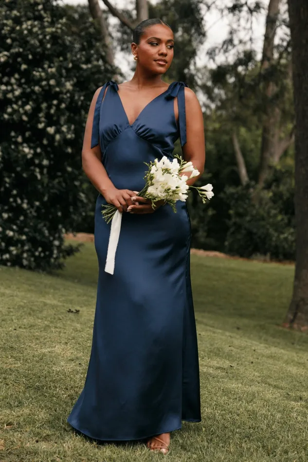Satin Dresses Xavier Bow Shoulder Maxi Dress Navy 8211 Petal and Pup Women
