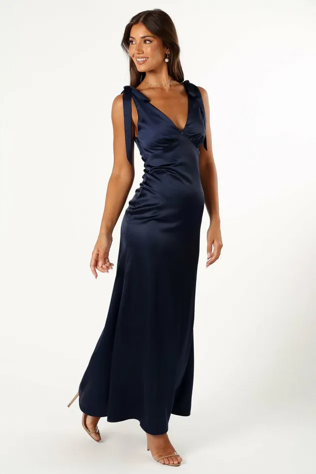 Satin Dresses Xavier Bow Shoulder Maxi Dress Navy 8211 Petal and Pup Women
