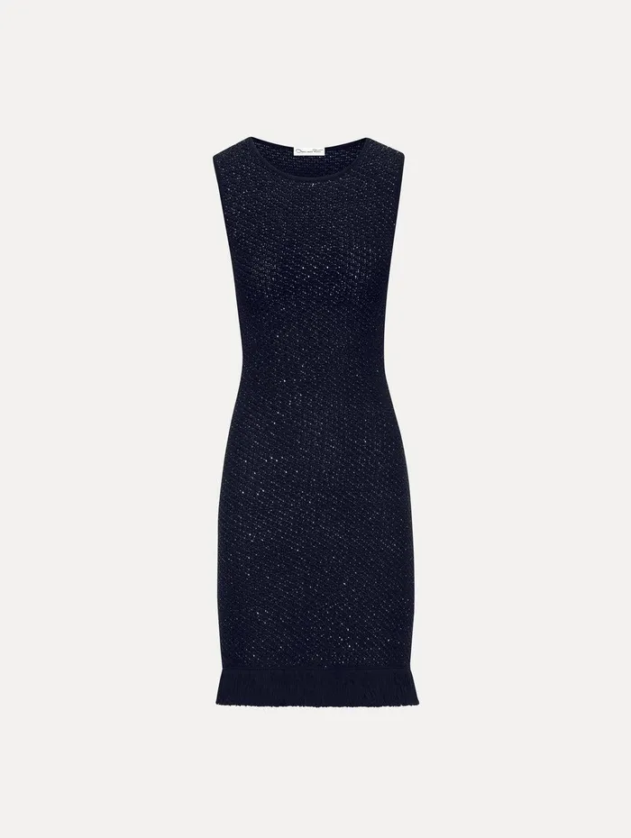 Sequin Tweed Dress Navy Women Oscar De La Renta Dresses