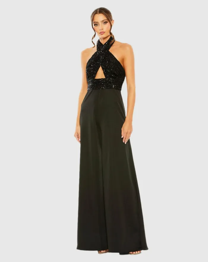 Sequined Cross Neck Halter Jumpsuit Black Women Jumpsuits and Rompers Mac Duggal Sequined Cross Neck Halter Jumpsuit Black Women Jumpsuits and Rompers Mac Duggal
