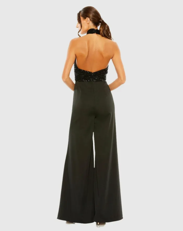 Sequined Cross Neck Halter Jumpsuit Black Women Jumpsuits and Rompers Mac Duggal Sequined Cross Neck Halter Jumpsuit Black Women Jumpsuits and Rompers Mac Duggal